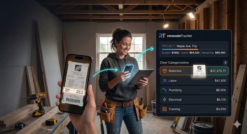 RenovateTracker app in use at a construction site - receipt scanning and expense tracking